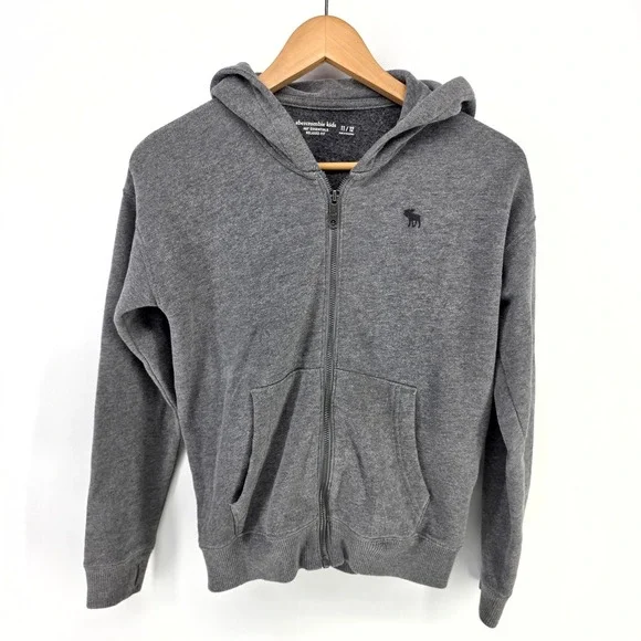 Abercrombie Kids Hoodie Boys 11/12 Grey Full Zip A&F Essentials Relaxed Fit Logo