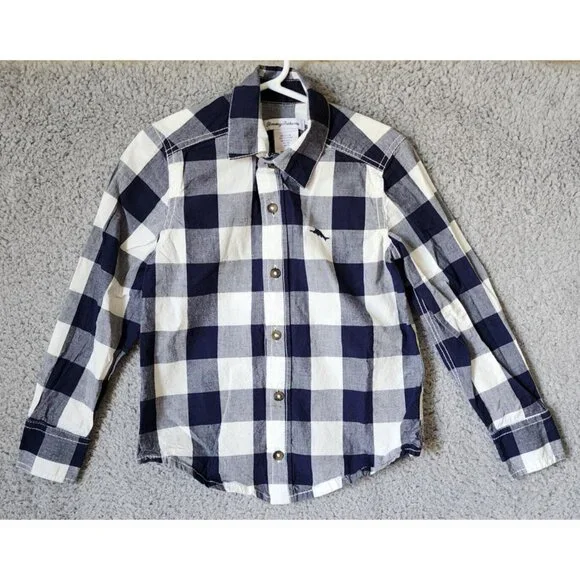 Tommy Bahama Navy‎ Blue Plaid Long Sleeve Button Up Shirt Youth Size Small 5/6