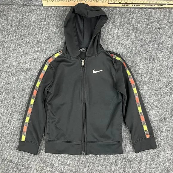 Nike Dri-Fit Jacket Youth Size 6/M Black Full Zip Hooded Logo Athletic Track Top