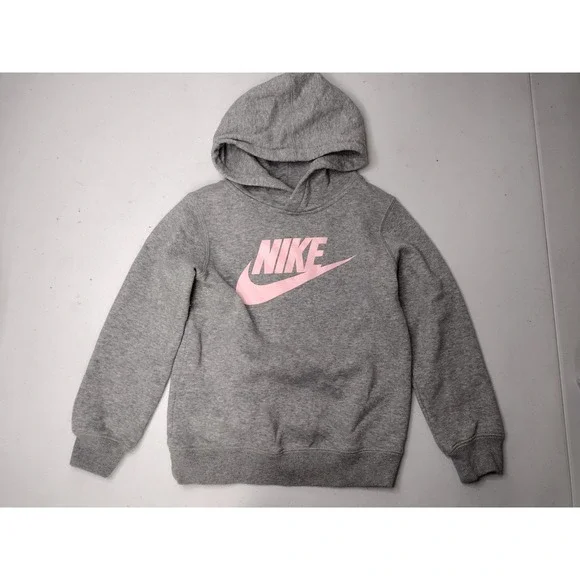 Nike Girls Gray Pink Logo Pullover Hoodie Sweatshirt Size 6