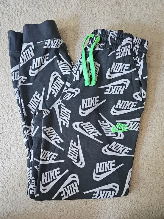 Nike Black All-Over Logo Joggers with Neon Green Drawcord
