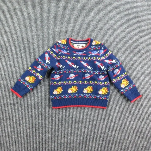 Mini Boden Sweater Kids 2T Blue Fair Isle Pullover Crew Neck Space Rocket NWT