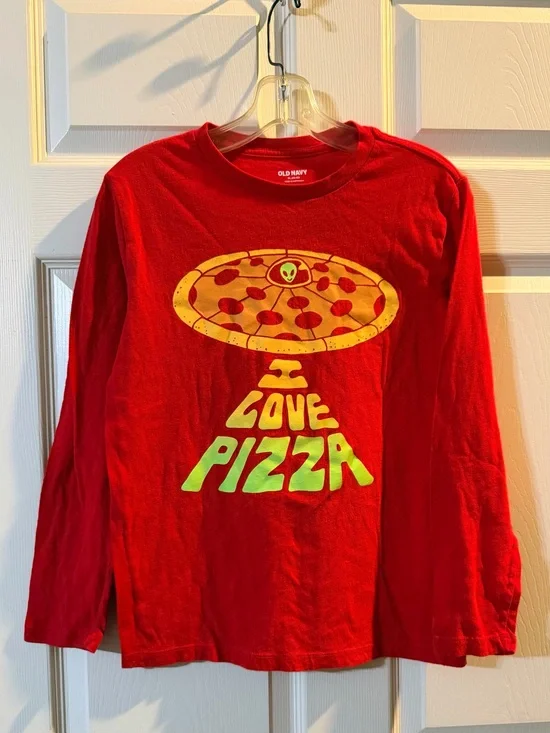 Old Navy Red Long-Sleeve Tee with Yellow & Green Pizza Graphic