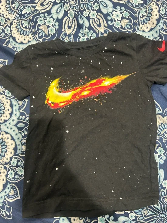 Nike Black Kids Short Sleeve Tee with Red and Yellow Graphic