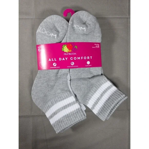 Women's Striped 6 Pair Ankle Socks - Fruit of The Loom - Gray Black White 4 - 10