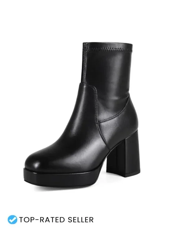 Square Toe Stretch Ankle Boots Chunky Heel PU Platform Booties Women