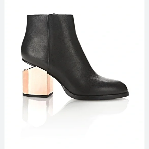 ✅ Alexander Wang Ankle Bootie Gabi Metallic Rose Gold Cutout Heel Black Leather