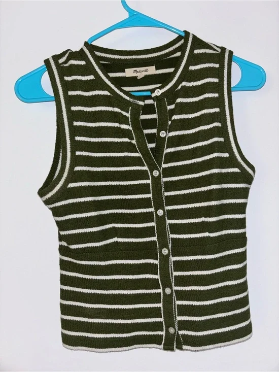 Madewell Olive & White Striped Knit Button-Down