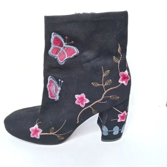 Nanette Lepore Black Suede Embroidered Lilly Ankle
