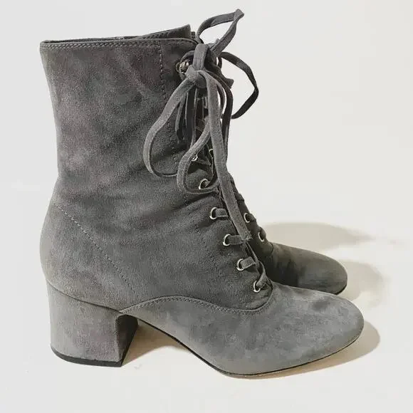 Gianvito Rossi Gray Suede Lace Up Boots Mackay Low Block Heel Ankle Zip sz 38