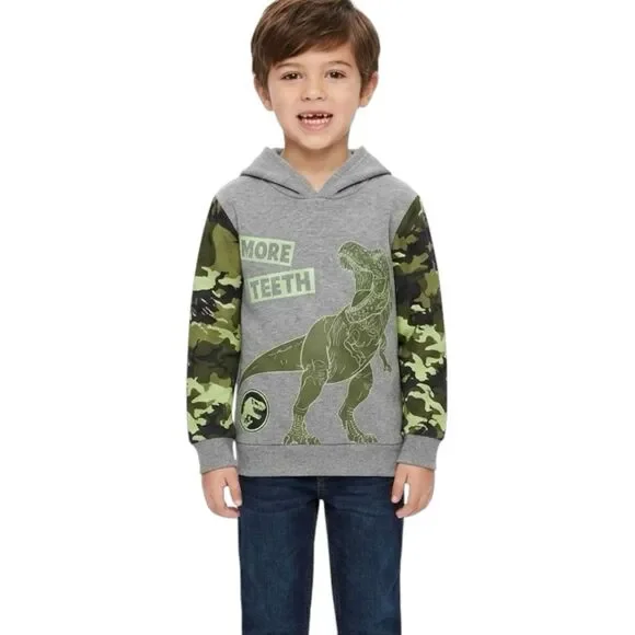 Jurassic World Boys Hoodie Sz 7 Dinosaur Camo Sweatshirt Gray More Teeth School