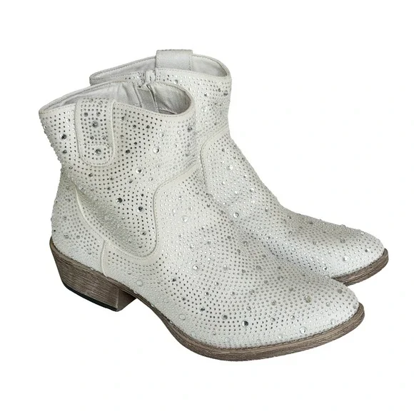 Very G Women's Cowboy Boots Size 11 White Rhinestone Western Cowgirl Booties