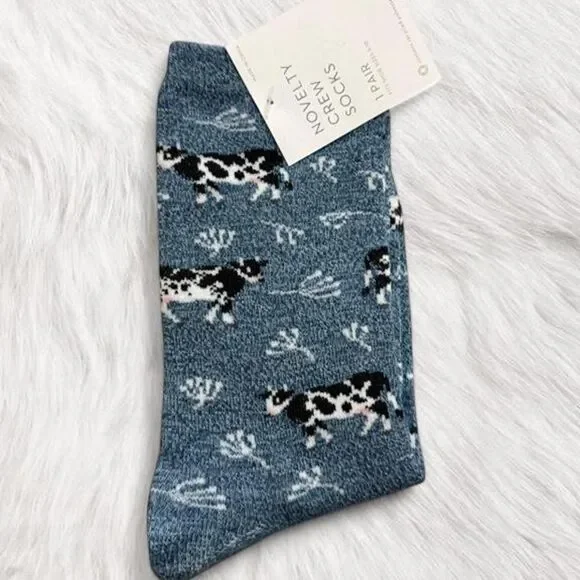 COW cottage core funny Blue and white cow print cotton socks- one size