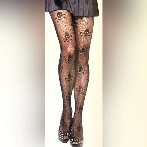 New Leg Avenue Black Micro Fishnet Skull Print Pantyhose One Size Weight 90-160