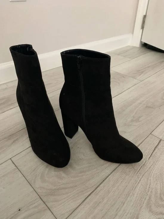 BCBG Black Suede Ankle Booties with Block Heel