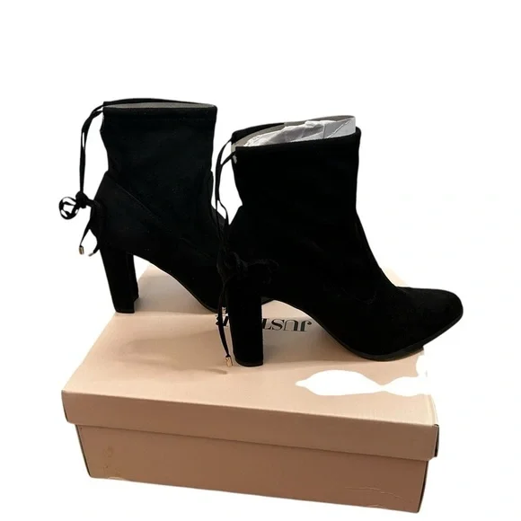 JustFab Black Fabric Raine Booties 3.25” Heel Women’s Sz 6.5 New with Box