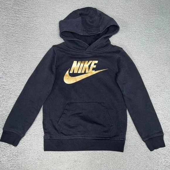 Nike Sportswear Club Hoodie Youth Sz‎ M 5-6Years Black Metallic Gold Logo Fleece