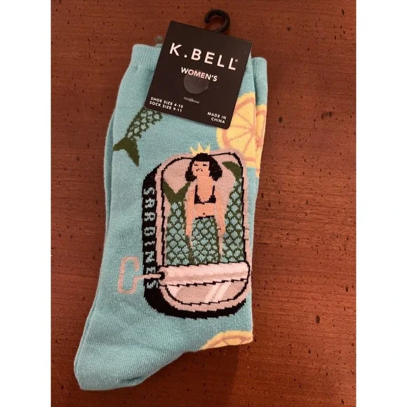 Women's Sardine MermaidTurquoise Crew‎ K Bell  Cotton Blend Socks Size 9-11