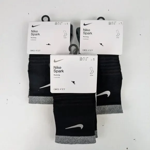Nike Spark Black Ankle Running Socks 3 Pair Bundle - W7.5-9 - M6-7.5