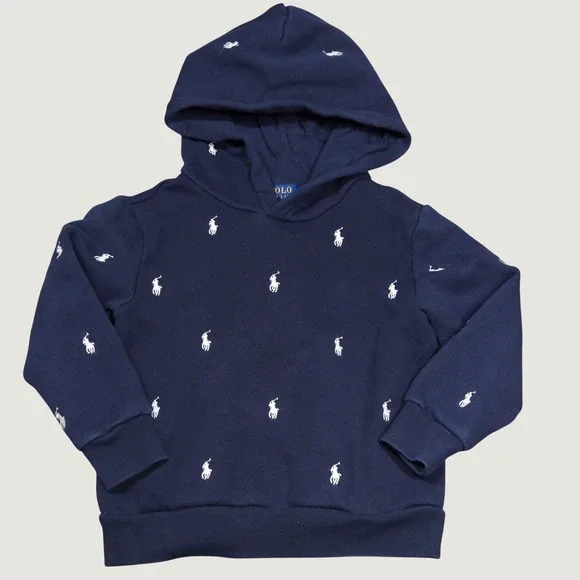 Polo Ralph Lauren Hoodie Kids 4/4T Navy Blue All Over Pony Embroidered Fleece