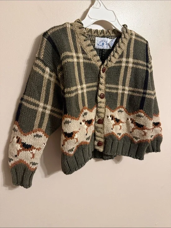 Vintage Kitestrings Plaid Cardigan Sweater Knit with Dog Print Beagle 4T Novelty