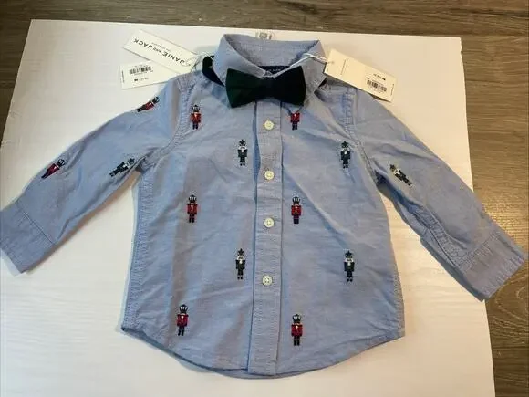 Janie and Jack Boys 6-12 Months Blue Button Up Shirt Nutcrackers NWT
