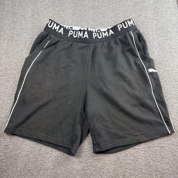 Puma Athletic Shorts Men's Small Black Fleece Logo Waistband Piping Gym Casual