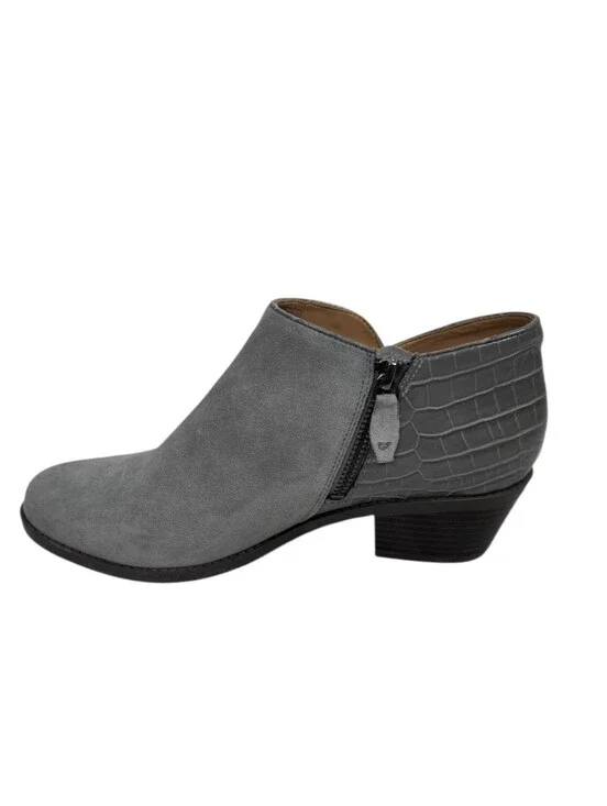 Vionic Grey Suede-Style Ankle Bootie with Croc-Embossed Heel