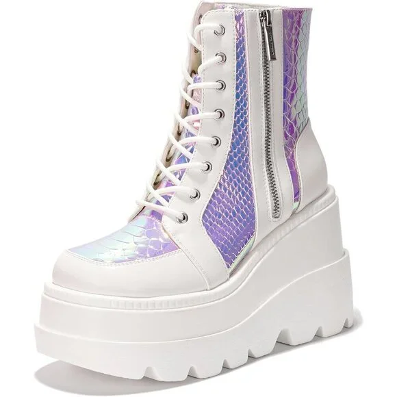 Women's White Chunky Block Heels Pointed Toe Leather Buckle Strap Retro Boots
