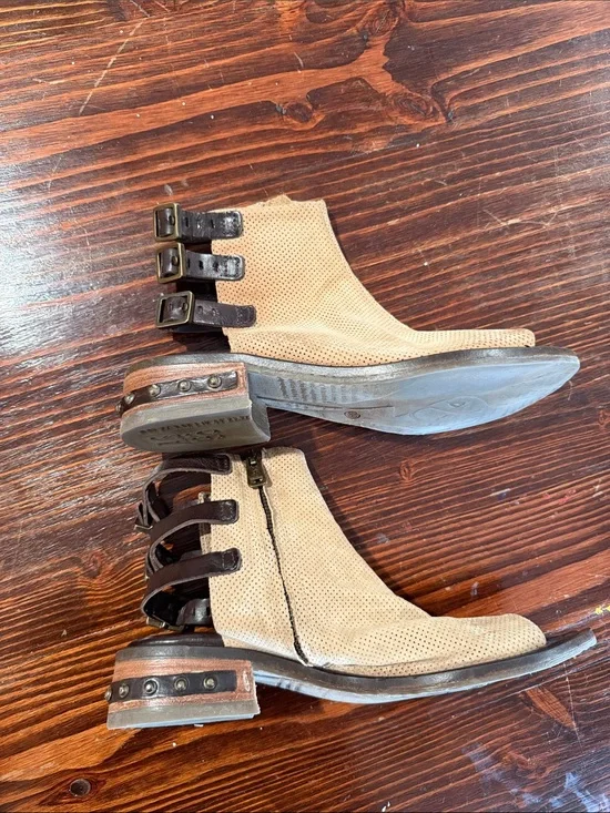 A.S.98 Beige Perforated Suede Ankle Booties with Triple Brown Buckle Straps