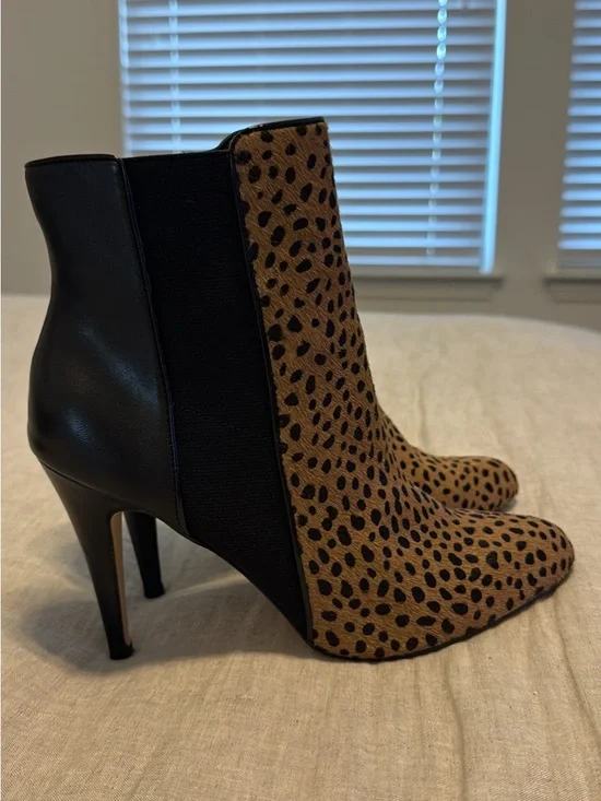 White House Black Market Leopard Print and Black Leather Ankle Boots