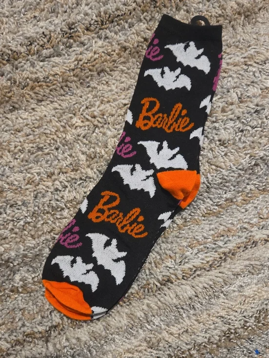 Barbie Black Crew Socks with White Bat Pattern and Orange Accents