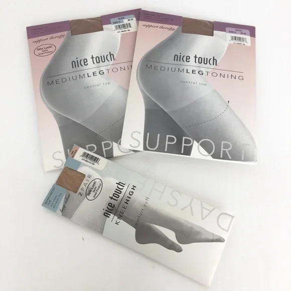 Vintage Nice Touch Set of 2 Control Top Nude Pantyhose Size D, E NEW & Kneehighs