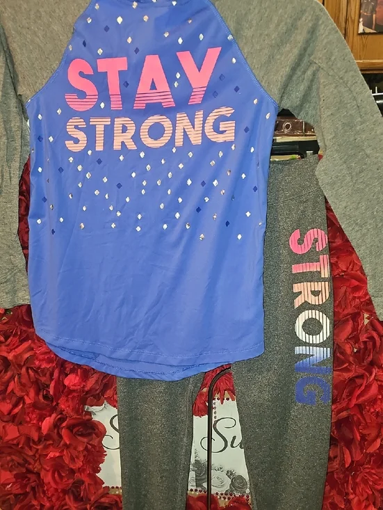 SO 'Stay Strong' Athletic Long Sleeve Tee & Pants Set - Blue, Gray, Pink Size 12