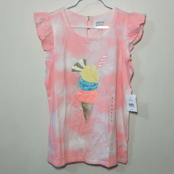 Crown & Ivy Pink Ice Cream Graphic Kids Top Ruffle Sleeves Girls Size L NEW
