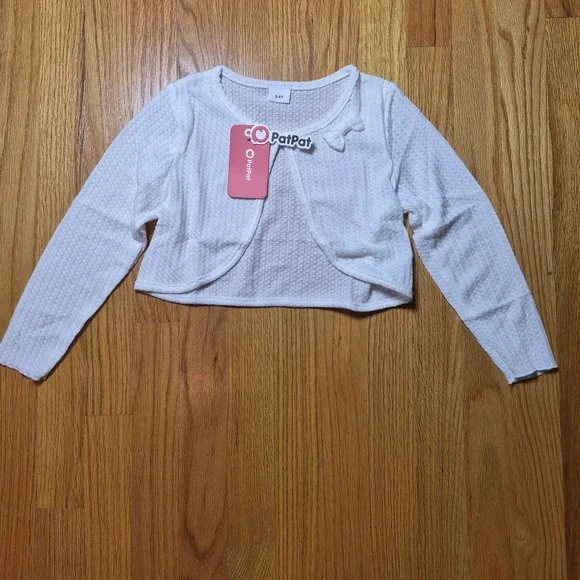 PatPat Girls White Textured Knit Bolero Shrug Bow Accent Cardigan Size 5-6Y NEW