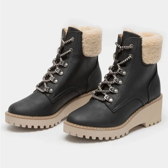 DV by Dolce Vita Black Ankle Booties with Cream Shearling Collar