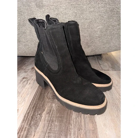Dolce Vita Black Suede Chelsea‎ Lug Sole Platform Block Heel Boots Size 7.5