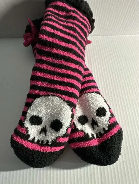 Betsey Johnson Pink and Black Striped Skull Cozy Slipper Socks