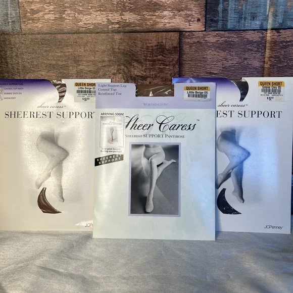 3- Vtg Sheer Caress‎ Control Top Nylons Queen Short - Little beige & Smoke Grey