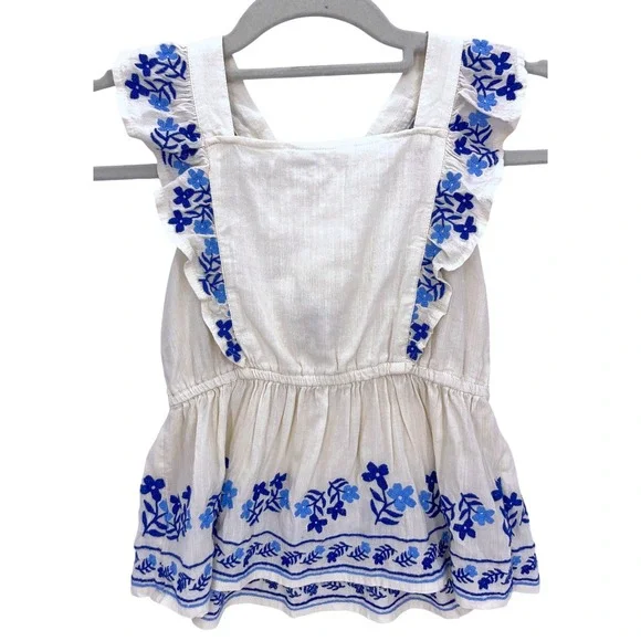 Old Navy Cream Blue Embroidered Ruffle Peplum Top M 8 Cross Back Floral Boho