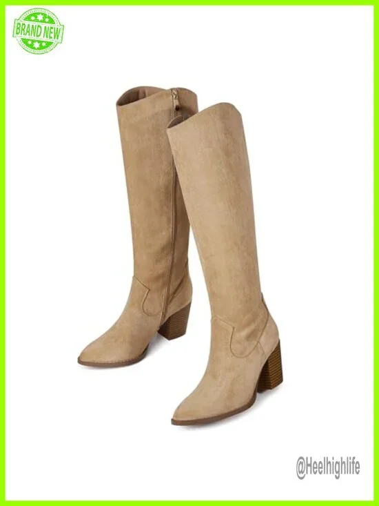 Knee High Boots Pointed Toe Suede Chunky Heel Faux Slouchy Side Zipper Tall