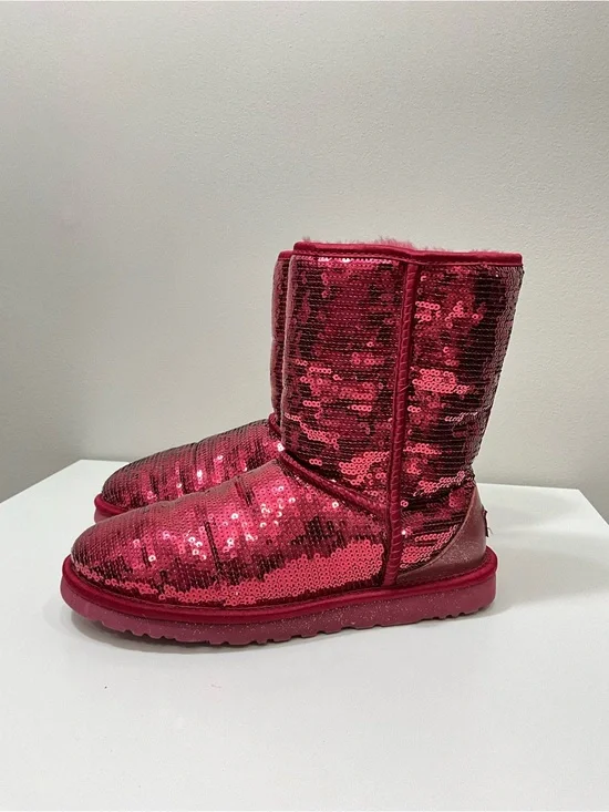 UGG Classic Short Sparkle Sequin Boots Rose Red Sheepskin Winter Booties Women 8