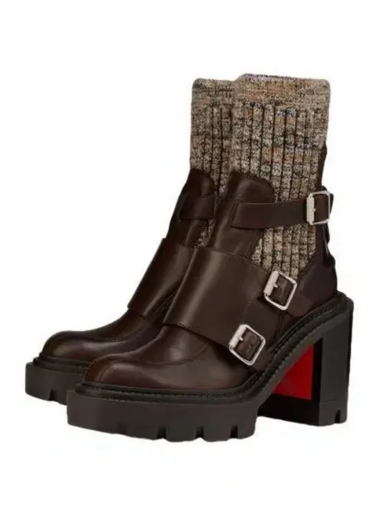 CHRISTIAN LOUBOUTIN CORTINETTA COLLEGE BROWN LEATHER ANKLE BLOCK HEEL BOOT 38.5