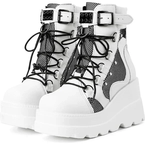 Women's White Lace Up Ankle Studded Buckle Goth Stacked Wedge Combat Ankle Boots