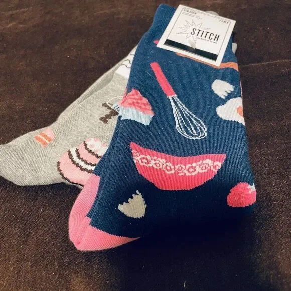 2 Pairs Sock It To Me Stitch Socks Navy Grey Baking Theme Kitchen Cake Pie
