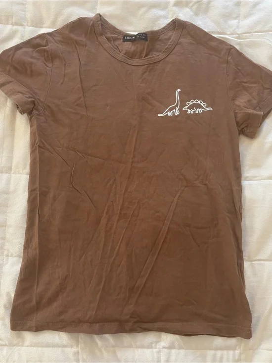 SHEIN Brown Kids Short-Sleeve Tee with White Dinosaur Detail