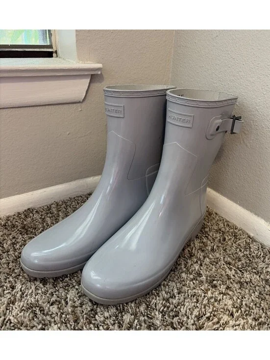 Hunters Boots Women’s Original Refined Short Gloss Boots Light Gray Size 10