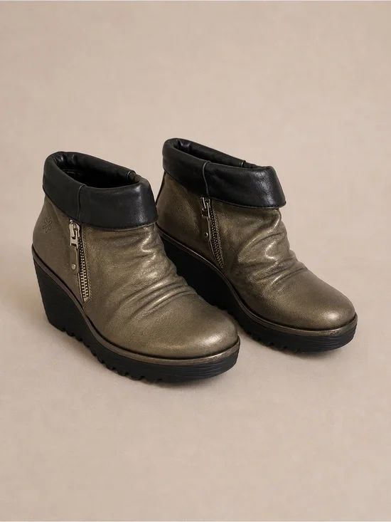 Fly London Yoxi Metallic Pewter Gold Wedge Ankle Boots EU 42