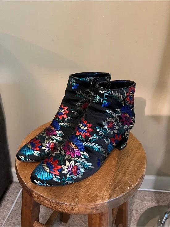 Vaneli Black Floral Embroidered Ankle Boots - Women's Ankle Boots Booties